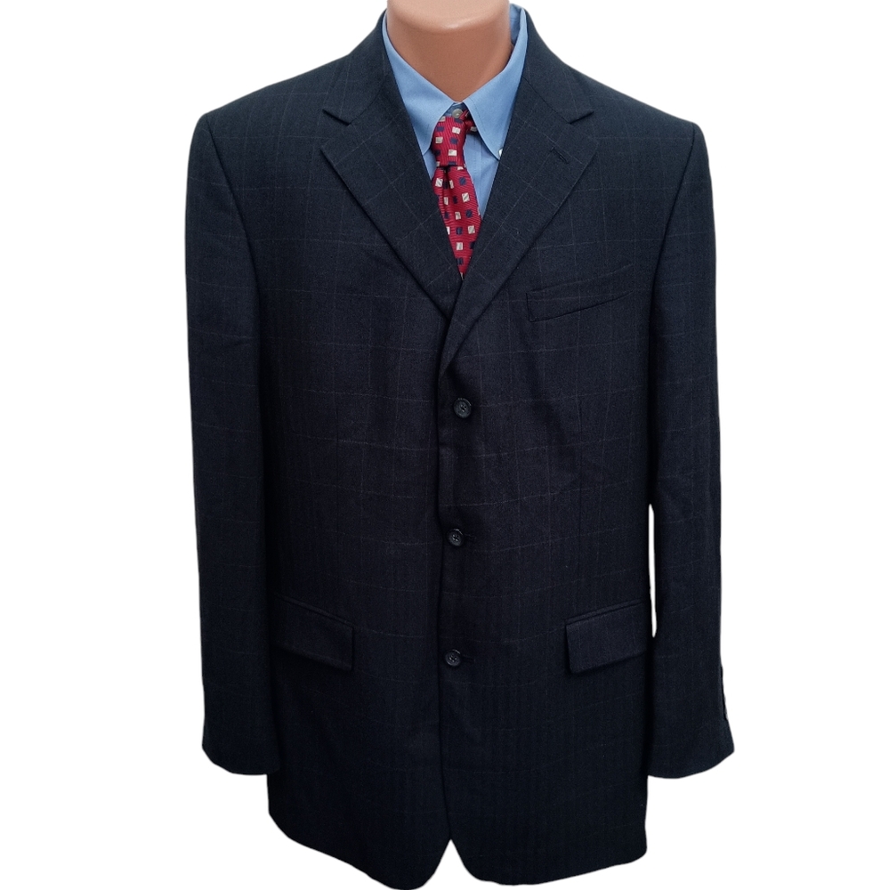 Mens Oscar de la Renta Navy Blue Windowpane Plaid 100% Wool 3 Button Sport Coat